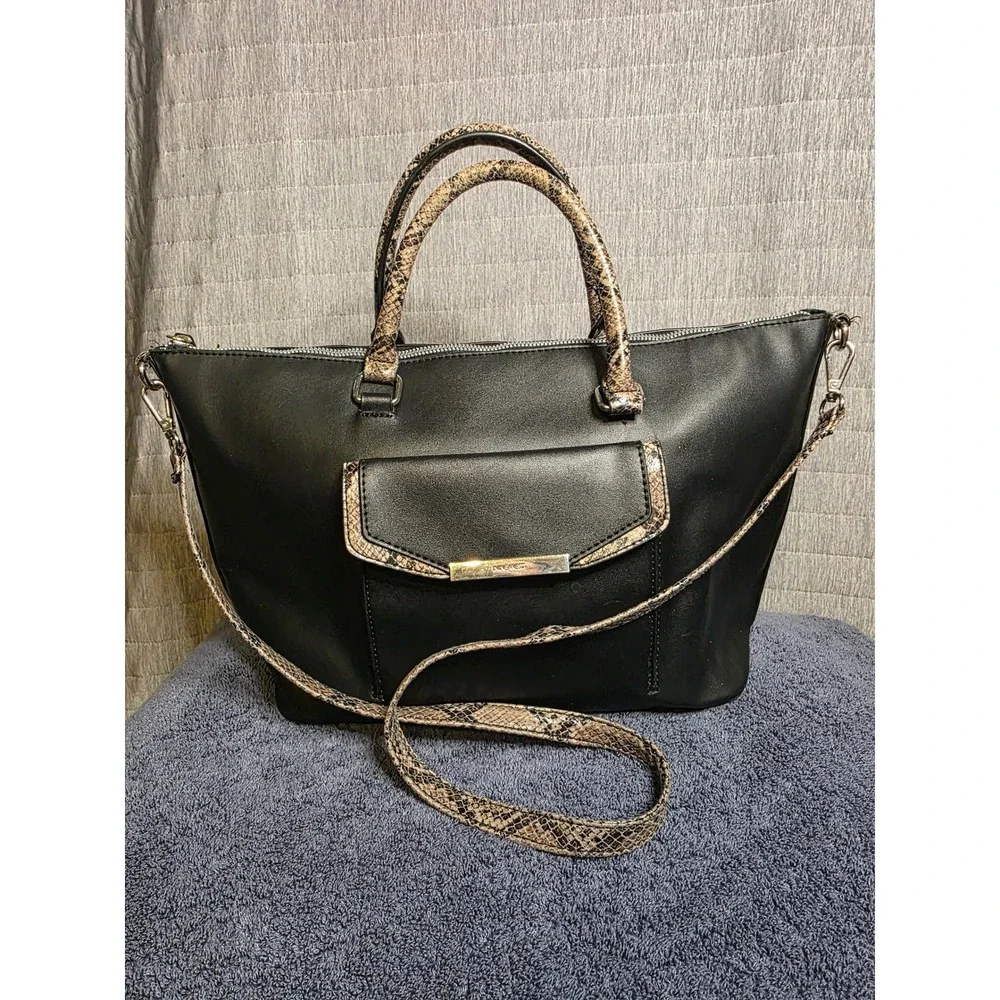 828 Nine West Black Faux Leather Snakeskin Print Satchel Crossbody Bag Handbag